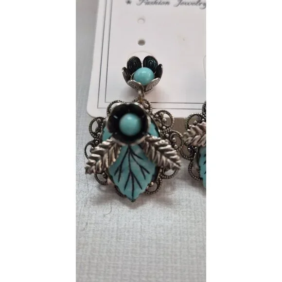 Vintage Screw Back Filigree Earrings Floral Turquoise Antique Silver Tone - Picture 8 of 8